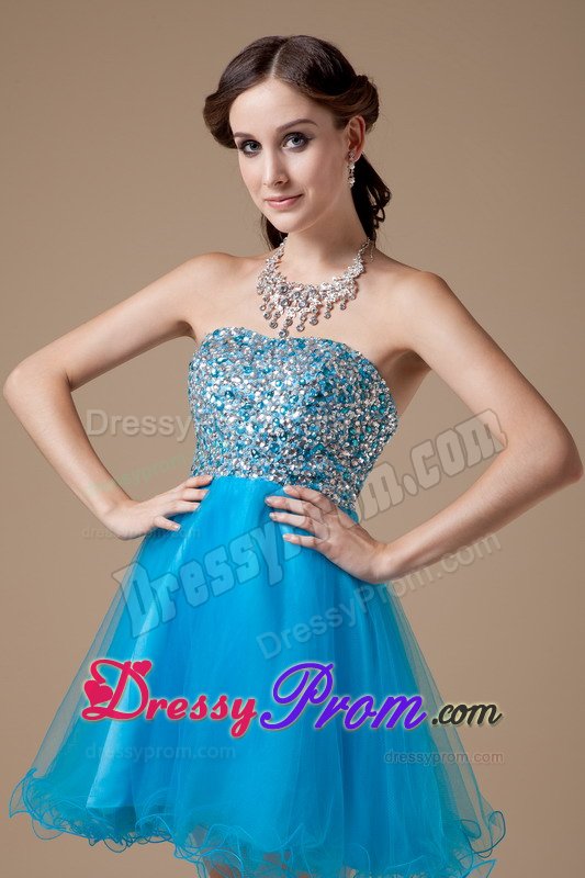 Mini-length Teal A-line Strapless Organza Prom Gown with Beads